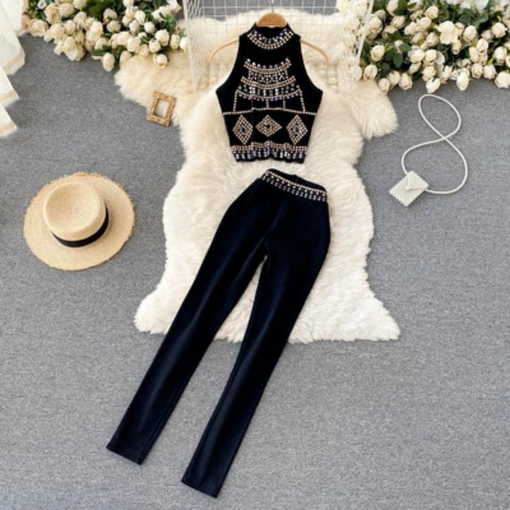 Beaded Chic Cropped Tops And High Waist Slim Long Pants Fashion Set